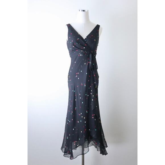 Vintage 1990s Anne Klein Size 4 Silk Dotted Faux Wrap Midi Dress Black Chiffon - Picture 2 of 12